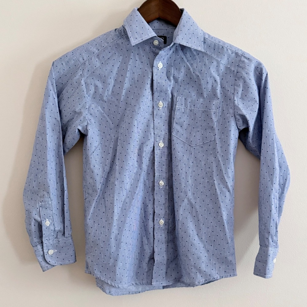 Chaps Boys Blue White Striped Polka Dot Button Down Shirt Size S 8 Long Sleeve